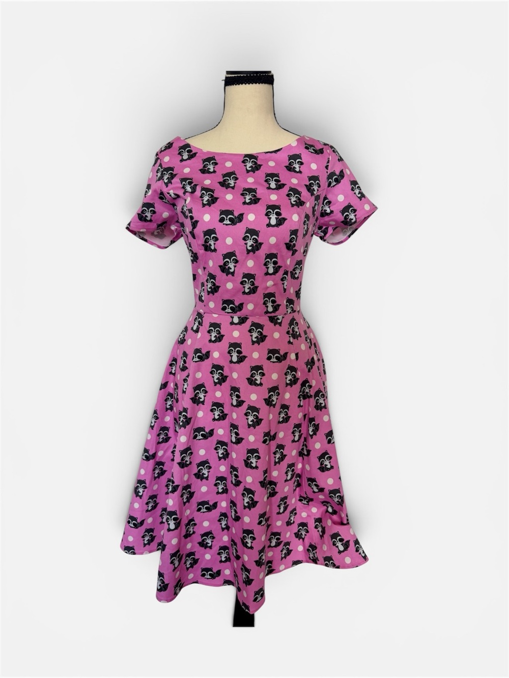 Whimsical Eva Rose Pink Racoon Fit and Flare Dress